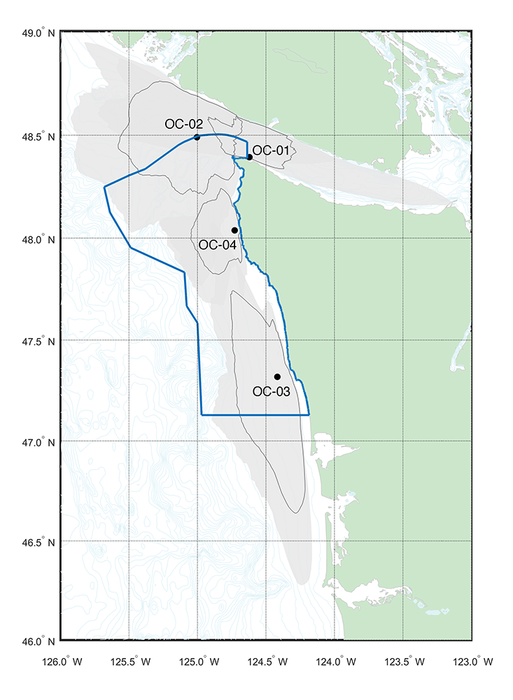 a map of Olympic Coast National Marine Sanctuary with location of recording stations shown