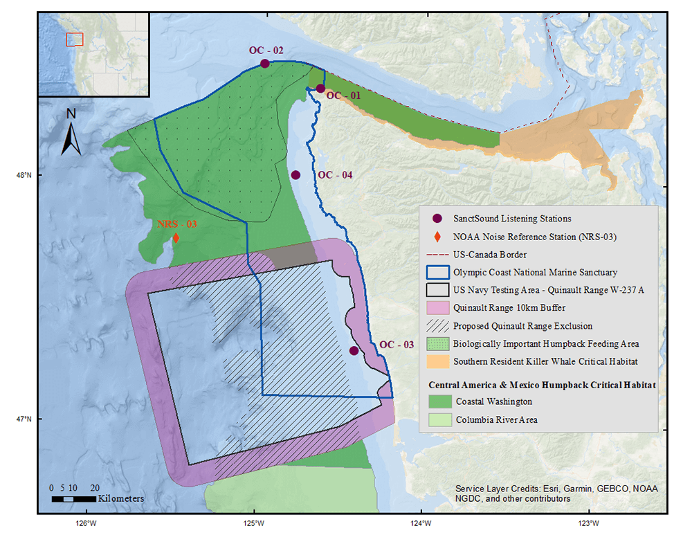 map showing boundaries of Olympic Coast National Marine Sanctuary, final humpback whale critical habitat designation in green, the proposed Quinault Range Site exclusion from the designation with dashed lines, and the SanctSound underwater recording stations