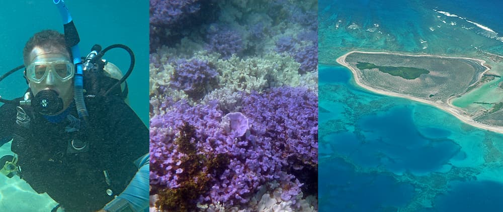 left to right: Dr. Dan Polhemus, coral reef and aerial of an island
