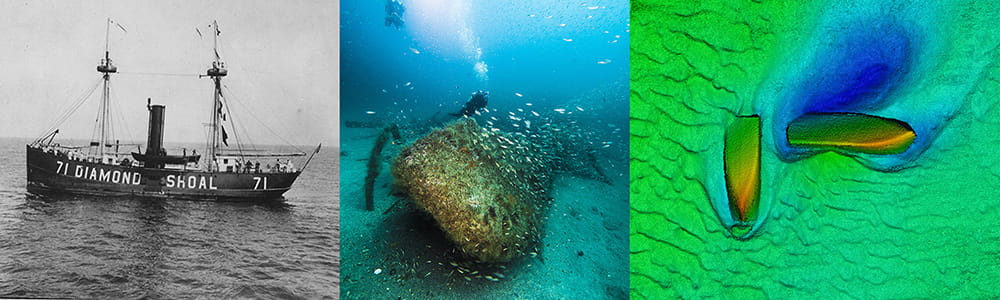 left to right: the ship diamond shoal at see, a shipwreck at the bottom of the sea, sidesonar scan of two shipwrecks