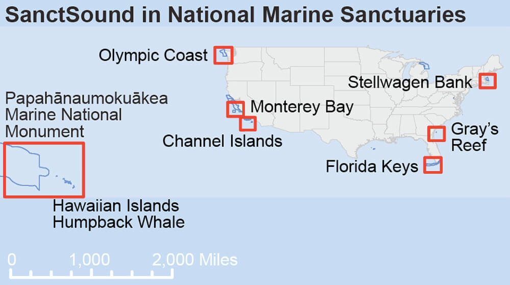 a map of the national marine sanctuary system in the United States with red rectangles that show the location of sanctuaries where sound is being recorded for SanctSound