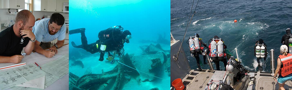 images of divers exploring shipwrecks and planning dives