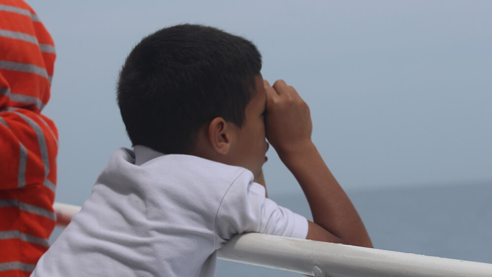 A child leaning over the railing on a vessel to look for whales in the water