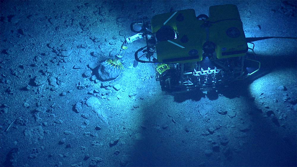 Machine on the ocean floor collecting a specimen from a rock