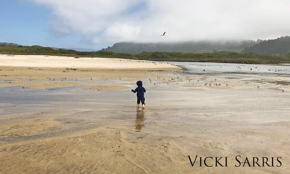 Child walking along a vast coast by the water.