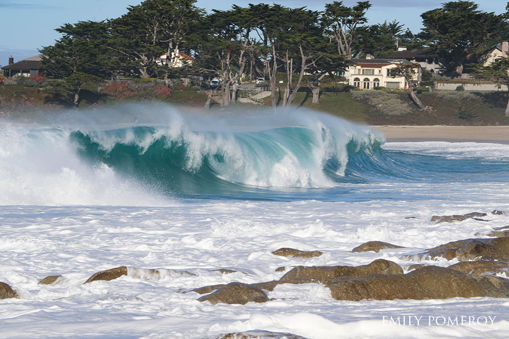 Crashing blue wave, with trees and houses in the background. rocks in the foreground. 