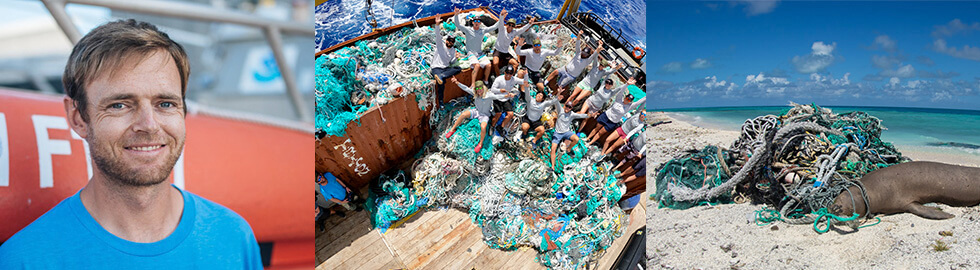 left: Kevin O'Brien; center: people people pose with marine debris; right: a pile of marine debris on a beach;