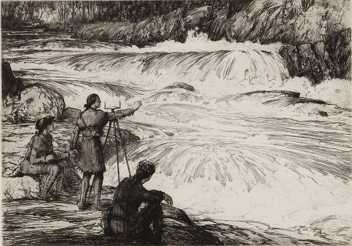 An old drawing of colonial explores navigating a river