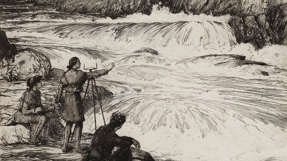 A sketch of people ecploring a river