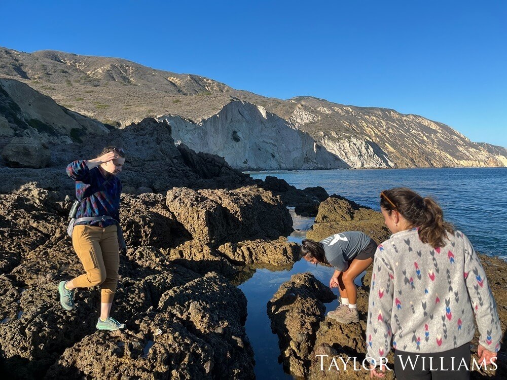 Three people explore tide pools with mountainous coastaline in the background.