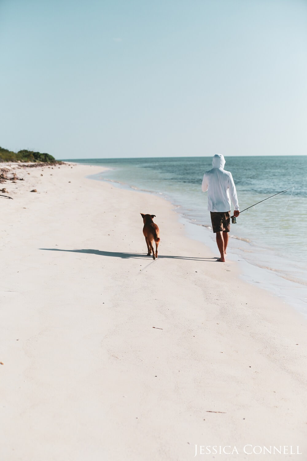 Man holding fishing poll and canine walking down a white sand beach. 