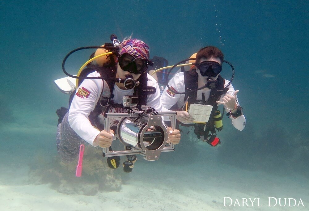 Two divers underwater holding research gear.