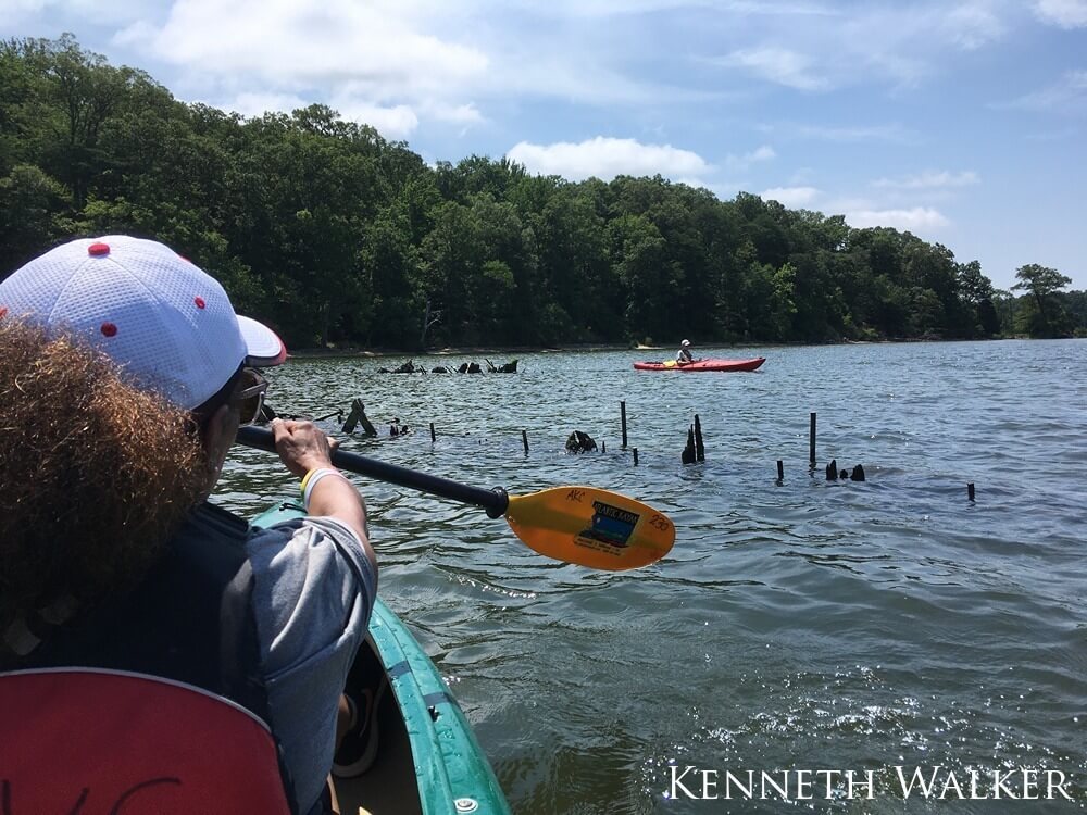 Person taking a photo of kayakers exploring the wrecks of Mallows Bay Potomac River National Marine Sanctuary.