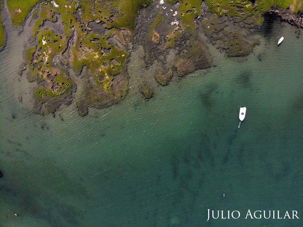 Aerial view of boat near the shore.