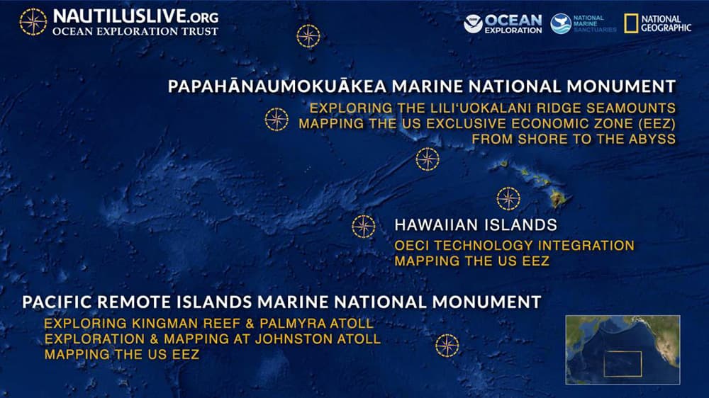 map of Pacific Islands showing the locations of the 2022 E/V Nautilus field season: papahanaumokuakea marine national monument and the hawaiian islands and pacific remote islands marine national monument
