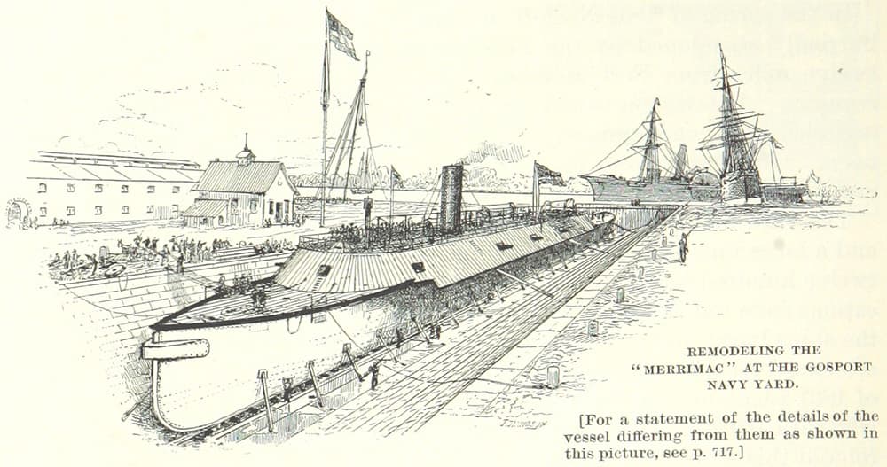 A drawing shows the remodeling of the USS Merrimac