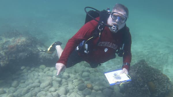 A diver with a notebook underwater looking at the camera