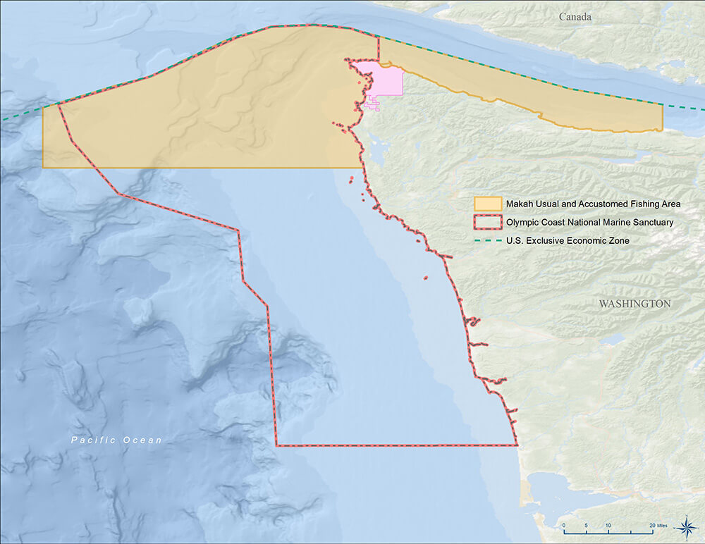 a map of the Olympic Coast showing the usual and accustomed fishing areas of the Makah Tribe