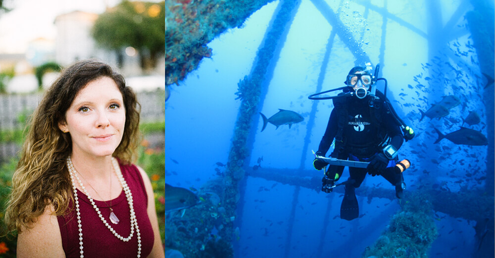 michelle johnston professional headshot and a photo of her scuba diving while holding a clipboard with a data sheet