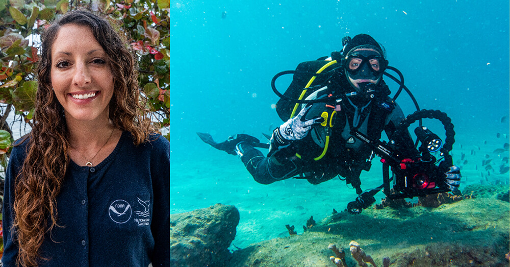 rachel plunkett professional headshot and a photo of her scuba diving in tropical waters with an underwater camera
