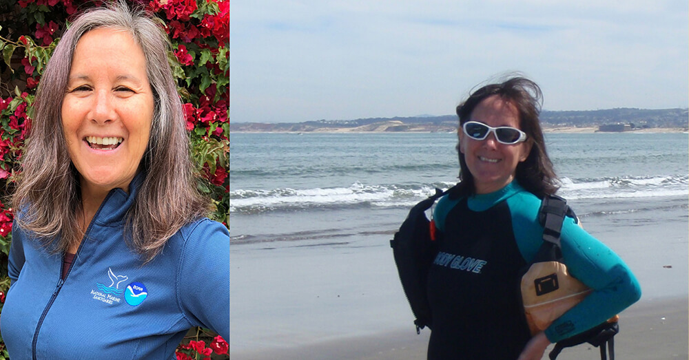 Lisa Wooninck professional headshot and a photo of her in a wetsuit on a beach
