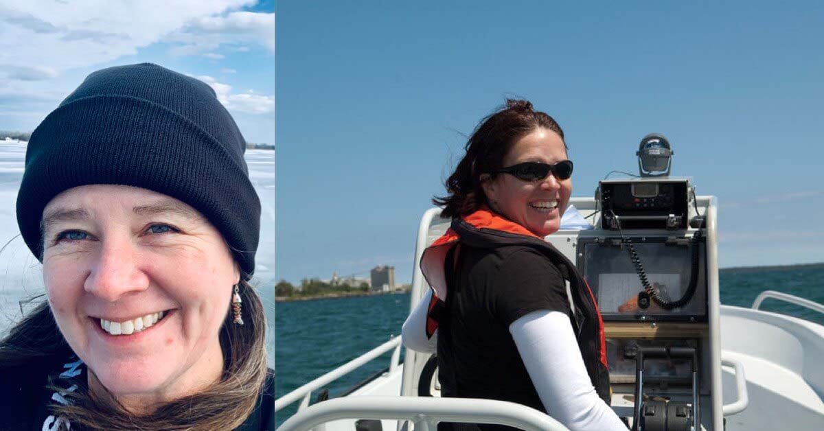 Professional headshot of stephanie gandulla and a photo of her driving a boat