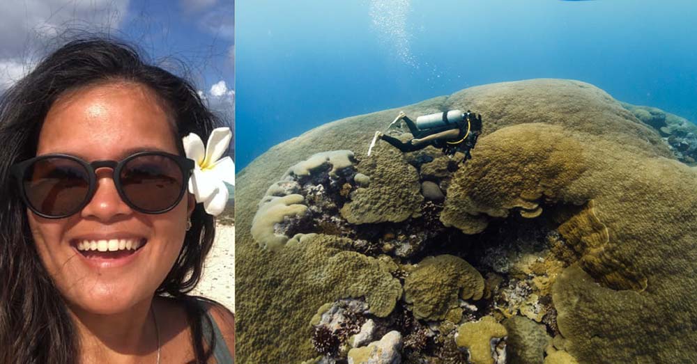 A headshot of nerelle que standing on a beach with a flower in her hair next to a photo of her scuba diving next to a massive porites coral