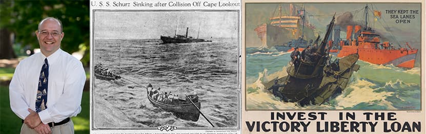 left to right: Dr. Sal Mercogliano, drawing of the uss schurz sinking, wwi war poster of a ship sinking in battle