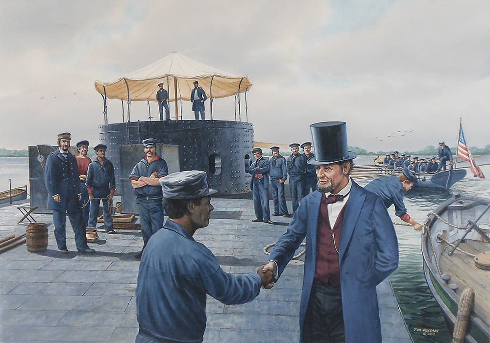 painting of president lincoln on the deck of the uss monitor meeting the crew