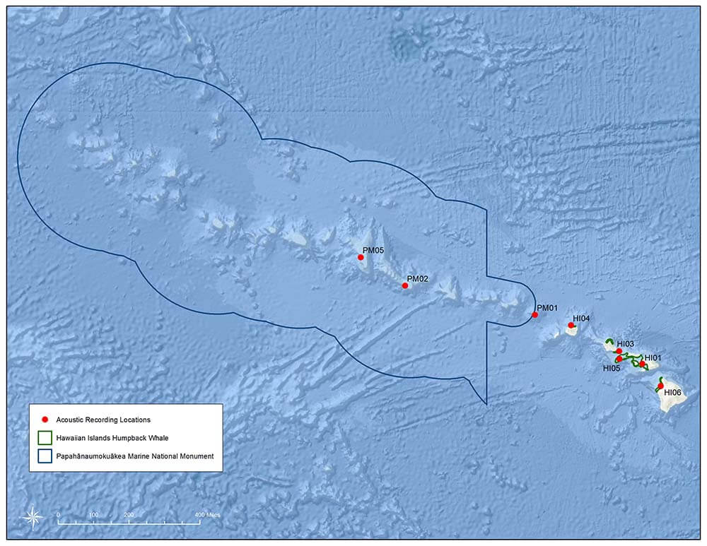 a map of the Hawaiian archipelago with red dots indicating acoustic recording locations
