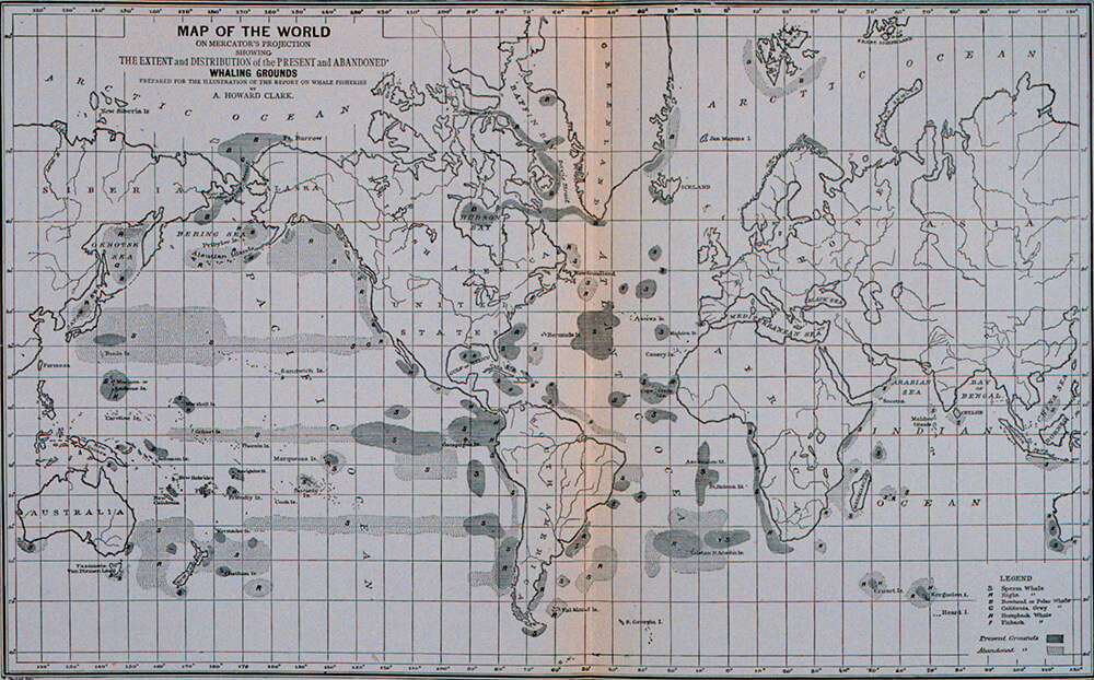 A historic chart from 1880 shows a world map with some parts of the ocean highlighted in light gray, representing whaling areas that have been abandoned, and in dark gray, representing areas where whaling was conducted at the time.