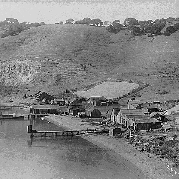 black and white photo of a hilly coastline with several docks, boats, and cabins