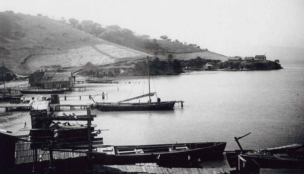 black and white photo of a hilly coastline with several docks, boats, and cabins