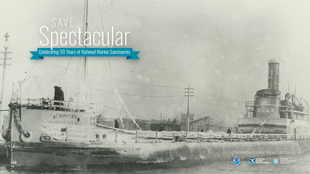 a black and white photo of a large vessel with a forward mast and an aft steamer stack. The words Save Spectacular: Celebrating 50 Years of National Marine Sanctuaries