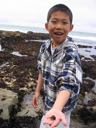 a child standing on a rocky beach while holding a small hermit crab in the palm of one hand and smiling