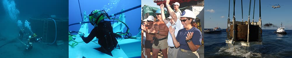 left to right: divers removing the monitor turrent underwater, diver attaching cables to the turrent, deck crew cheering, monitor turrent rising out of the water
