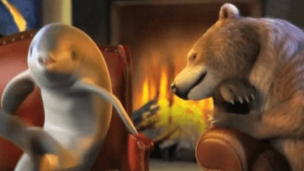 Cartoon dolphin and bear chatting by a fireplace.