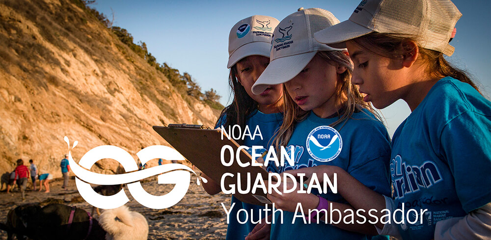 Three students on a beach look at a clipboard the words NOAA ocean guardian Youth Ambassador imposed over top