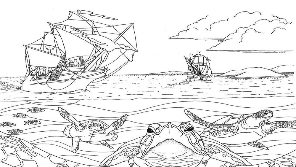 Black and white outline of two ships with large sails on the water with clouds above and islands in the background and three sea turtles and five fish swimming underwater.