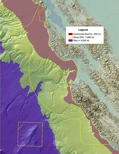 Bathymetric map of Monterey Bay National Marine Sanctuary, indicating the location of the continental shelf (0-200 m depth; closest to shore), slope (200-3000 m depth), and rise (greater than 3000 m depth; furthest from shore).