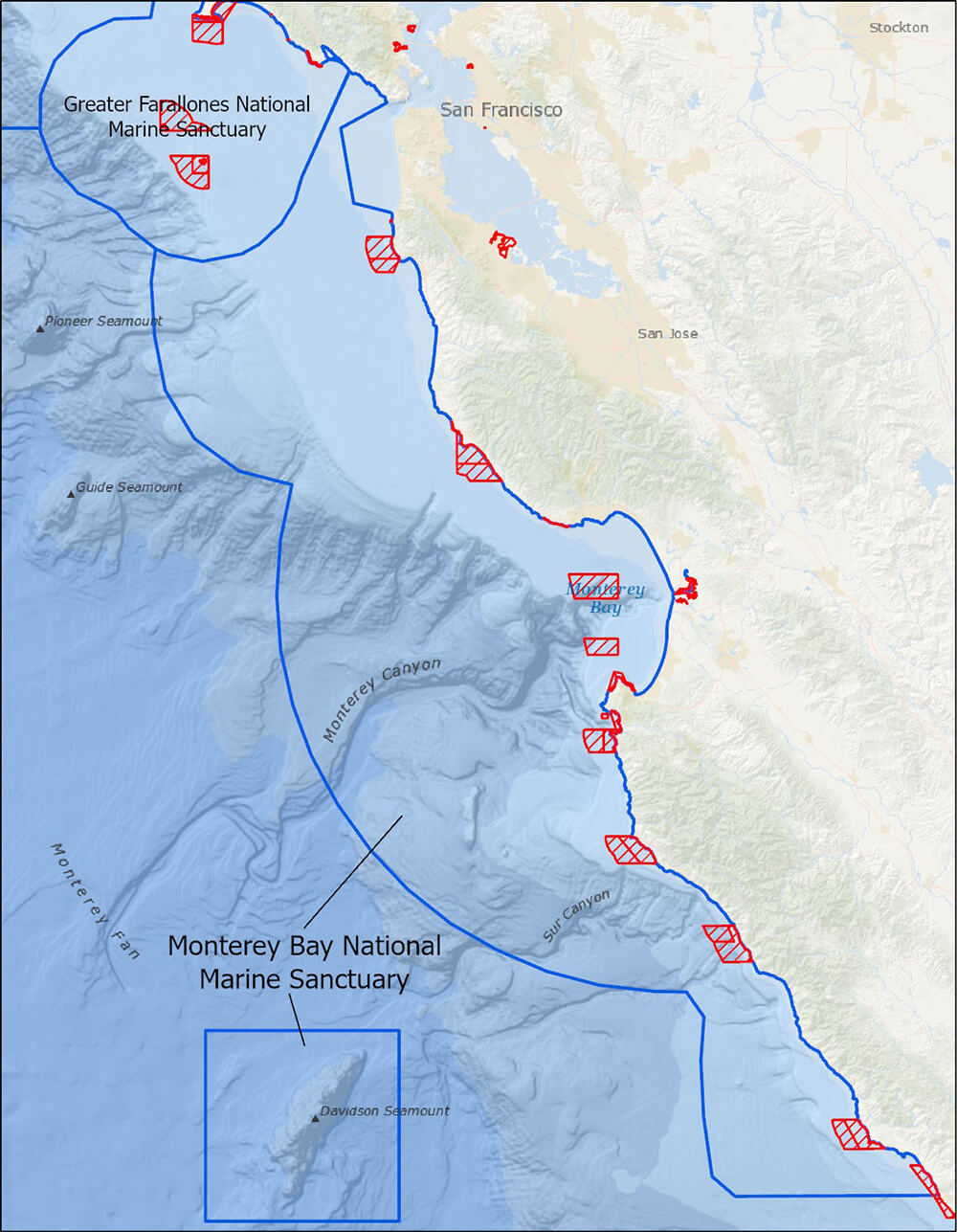 A map of the central California coast and MBNMS showing the locations of state marine protected areas encompassed by the sanctuary.