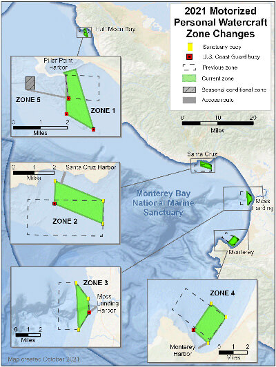 Motorized personal watercraft zones in MBNMS. Zones are located at Pillar Point/Mavericks, Santa Cruz, Moss Landing, and Monterey.