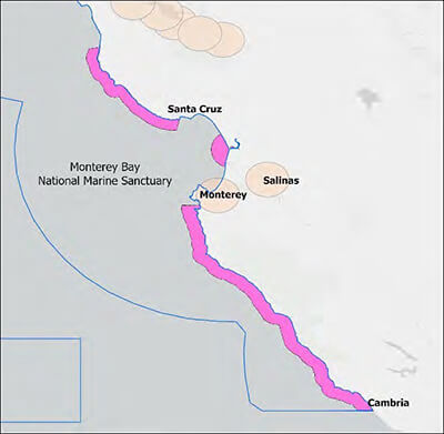 A map of the coast adjacent to MBNMS, illustrating overflight zones that restrict drone operations in the areas near Santa Cruz, Salinas, Monterey, and Cambria.