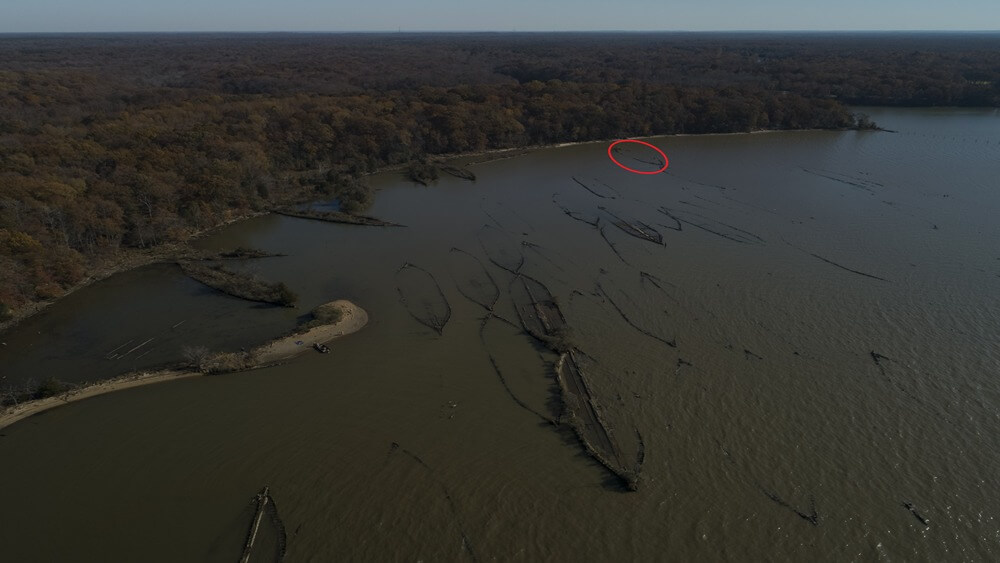 Aerial drone image of Boone (circled in red) within Mallows Bay, Maryland