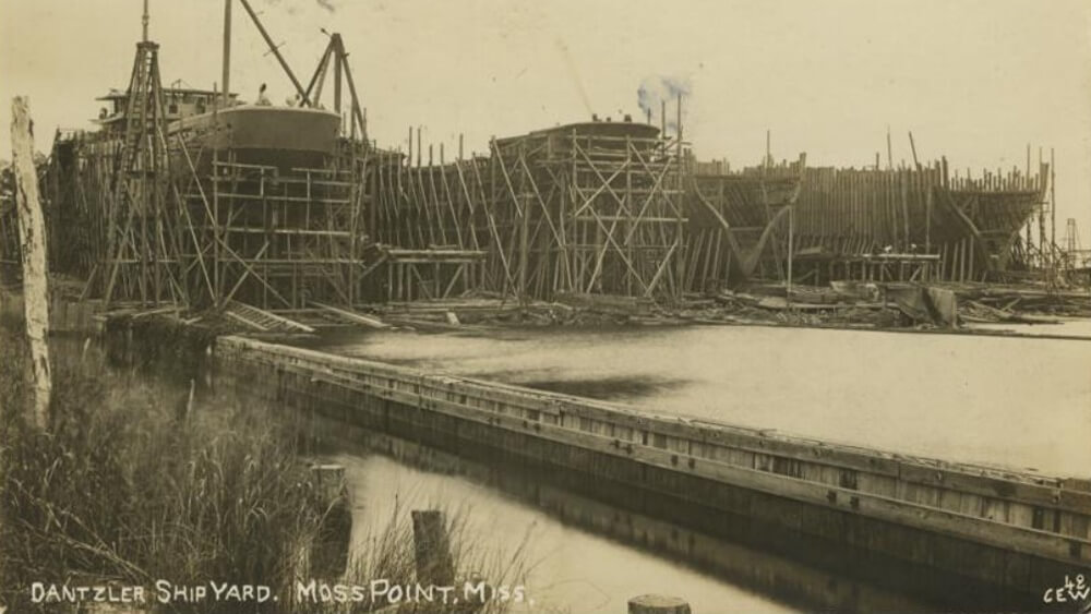 Postcard of ships being built at the Dantzler Shipyard in Moss Point, Mississippi