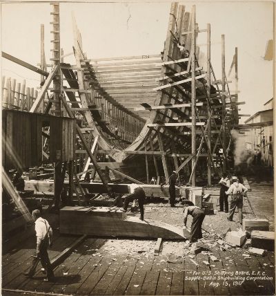 Wooden ship construction for the United States Shipping Board at Supple and Ballin Shipbuilding Corporation