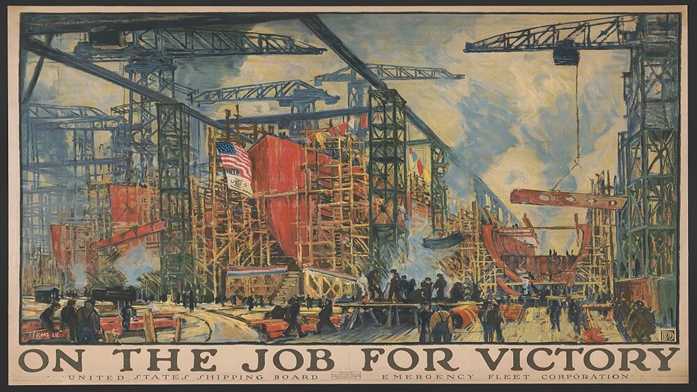 On The Job For Victory poster showing a panoramic view of a busy shipyard 