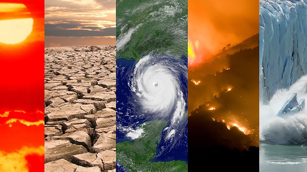 Collage from left to right: Yellow blazing sun in red sky with red and yellow clouds, cracked ground with horizon and cloudy sunset, Hurricane in ocean approaching green land, orange sky with smoke from fire on dark hillside, ice from glacier mid-falling into water below.