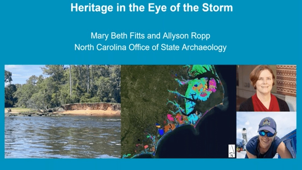 Blue background with title “Heritage in the Eye of the Storm” with four photos from left to right of waterbody with trees on the edge, map with colorful markings, photo of each female speaker.