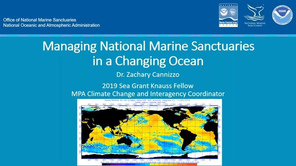 Presentation slide for “Managing National Marine Sanctuaries in a Changing Ocean” with author’s name and background information and map of global water temperature.